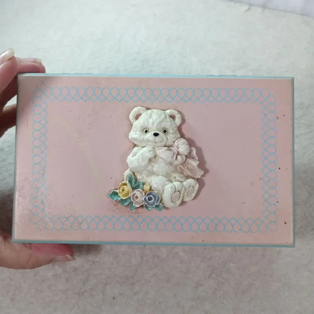Vintage Pink Wooden Jewelry Box Teddy Bear Flowers Mirror Girls Keepsake Box